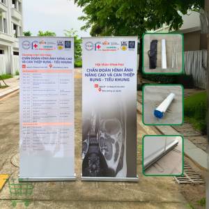 Standee cuốn nhôm chân inox, giá cuốn inox